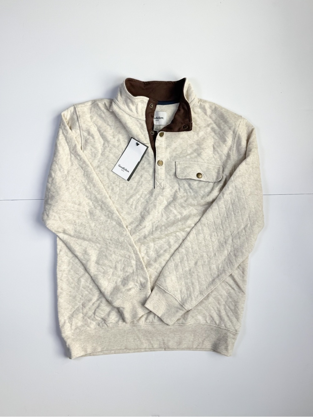 Goodfellow Cream Quilted Half-Zip Sweater with Brown Collar